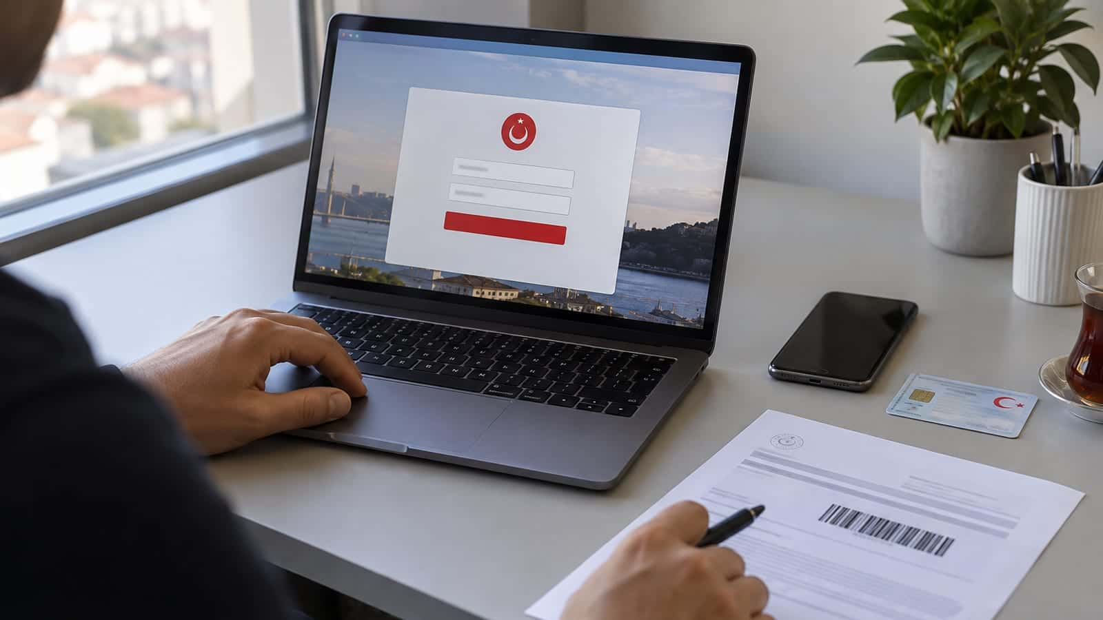 Masada dizüstü bilgisayarda açık resmî başvuru formu, yanında kimlik kartı, telefon ve barkodlu bir belge çıktısı