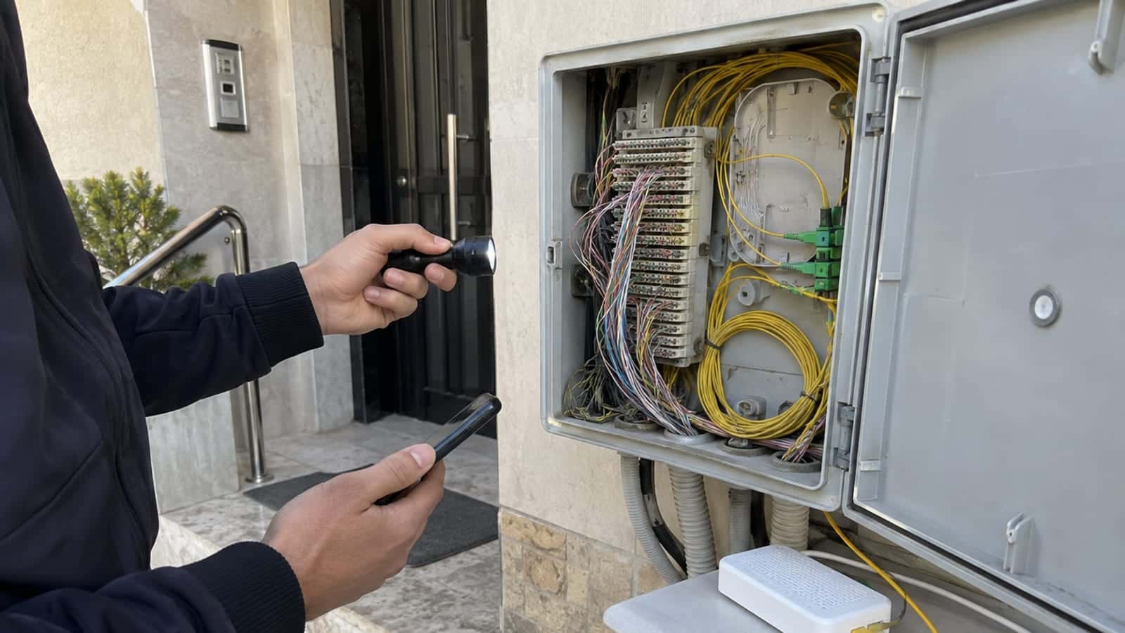 Bir kişi apartman girişindeki dağıtım kutusunu el feneriyle inceliyor; kutuda bakır telefon telleri ve sarı fiber kablolar görünüyor