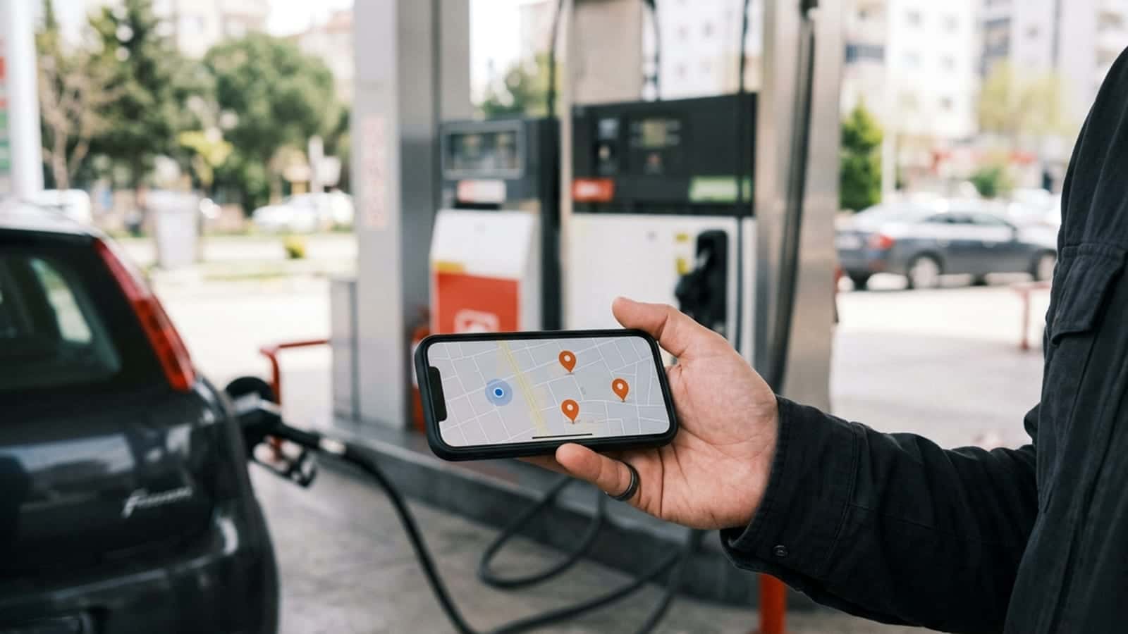 Bir el telefonda harita ve istasyon listesine bakıyor; arkada akaryakıt pompaları görünüyor.