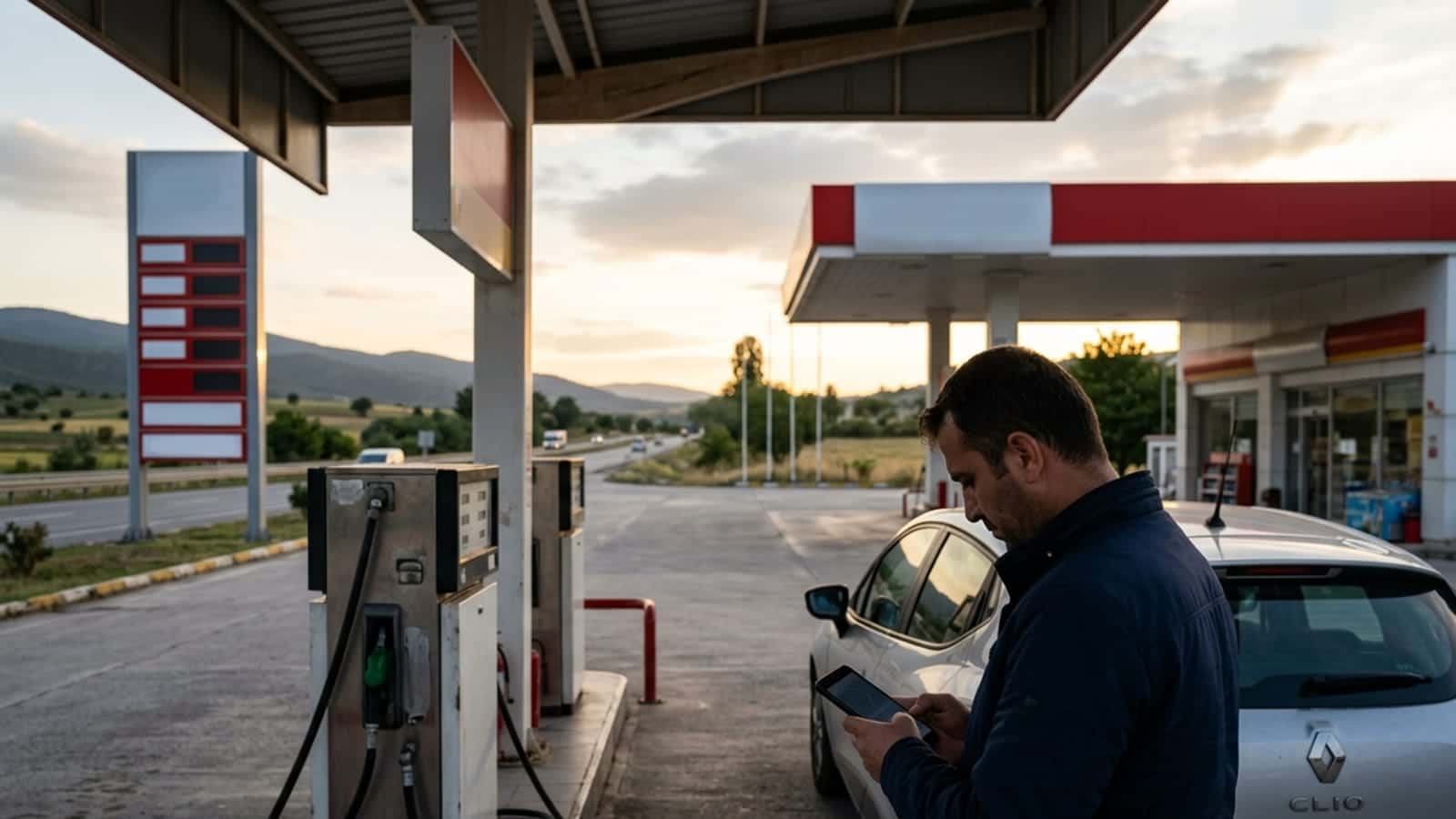 Yol kenarındaki akaryakıt istasyonunda pompa adaları ve fiyat panosu, sürücü telefonda istasyon bilgisine bakıyor.