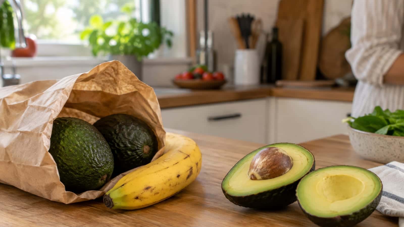 Kraft kese kağıdı içinde olgun muzla bekletilen iki avokado ve yanında ikiye bölünmüş kremalı bir avokado