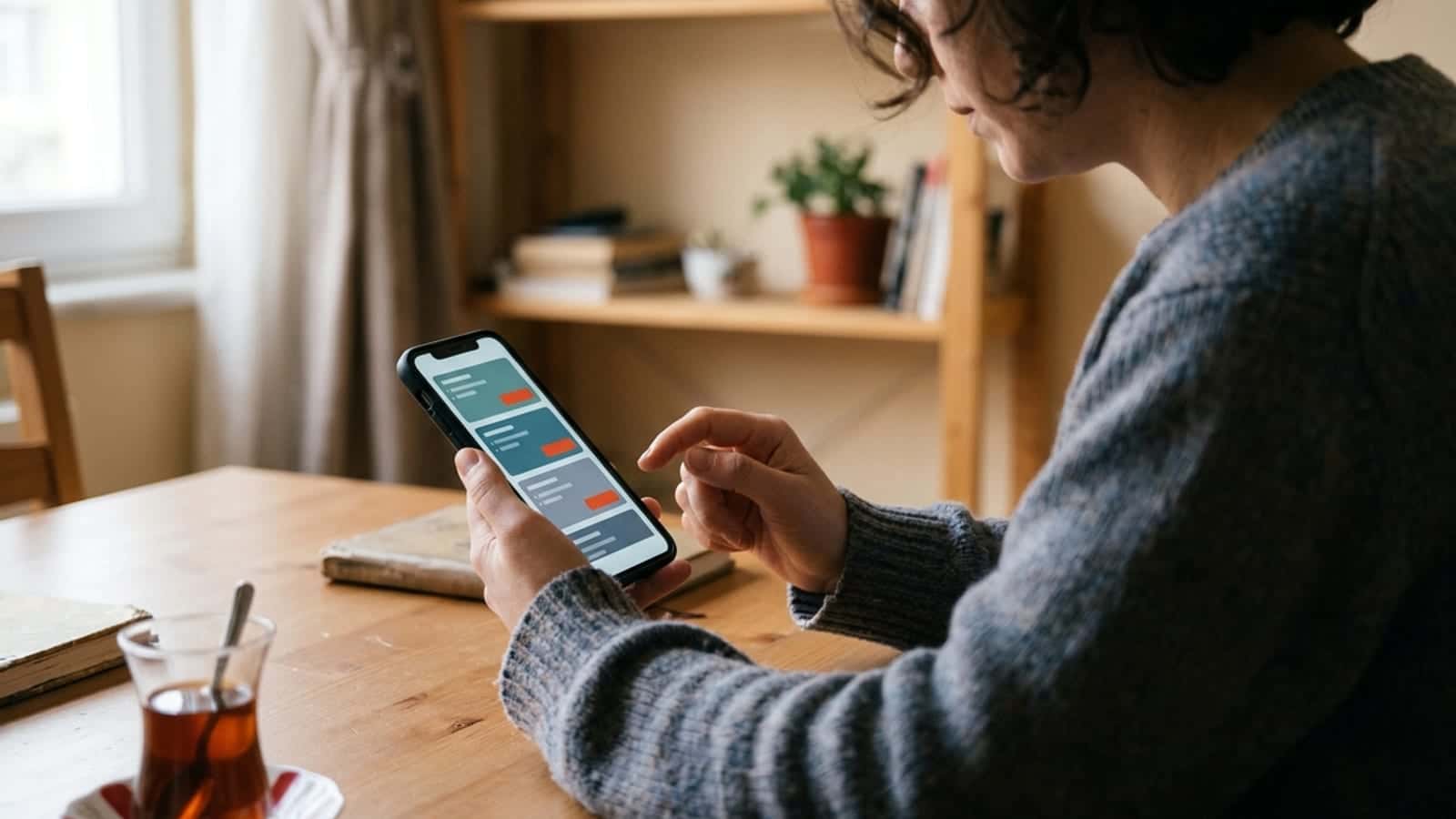 Bir el, telefon ekranındaki yatırım fonu emir listesinde iptal seçeneğini işaretliyor.