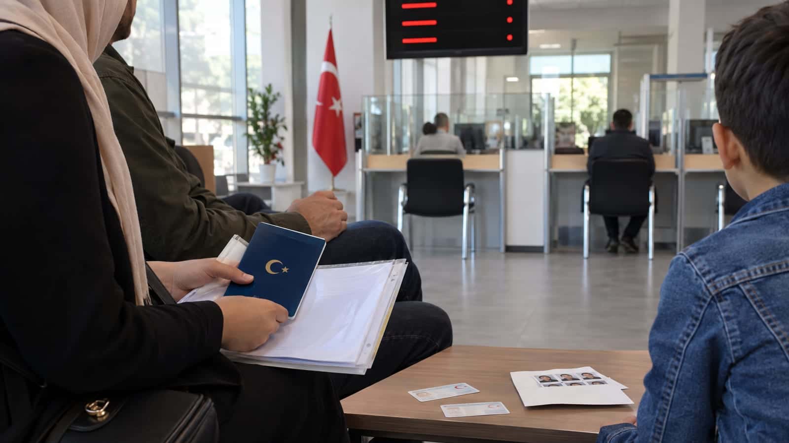 Nüfus müdürlüğü bekleme salonunda anne, baba ve çocuk; masada pasaport, dosya ve kimlik kartları duruyor.