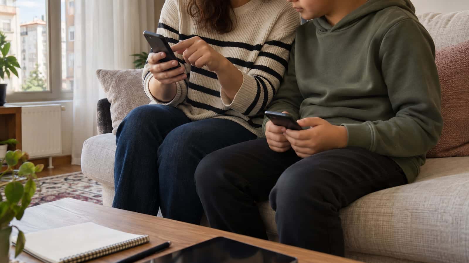 Kanepede oturan ebeveyn, elindeki telefondaki ayarlar ekranını yanındaki çocuğa gösteriyor; sehpada tablet ve not defteri var.