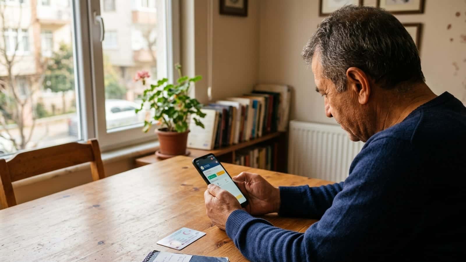 Masada telefonuyla e-Devlet üzerinden organ bağışı başvurusu yapan kişi, yanında kimlik kartı ve not defteri duruyor.