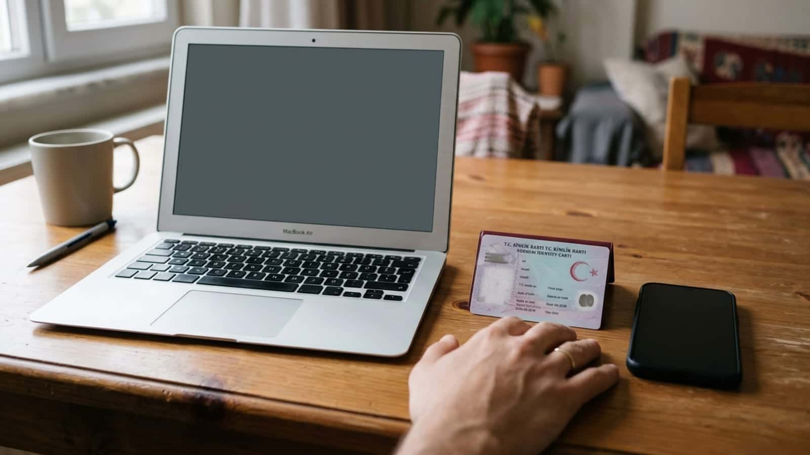 Bir masa üzerinde kimlik kartı, akıllı telefon ve açık dizüstü bilgisayar; resmî çevrimiçi işlem hazırlığı.