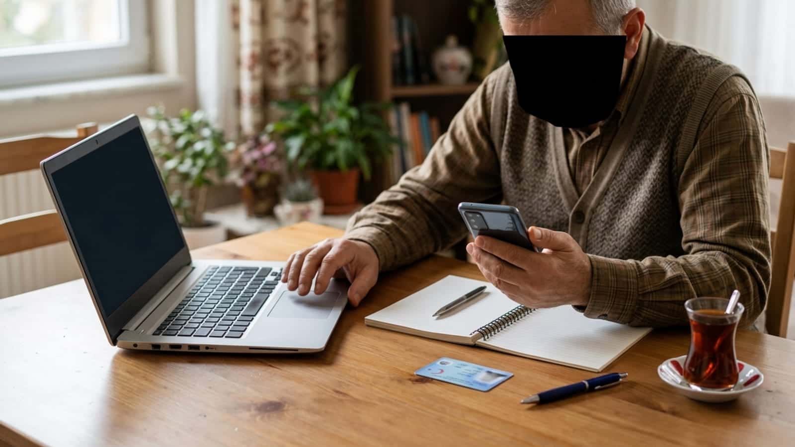 Bir kişi evde masa başında telefon ve bilgisayarla emekli maaşı taşıma işlemini kontrol ediyor.