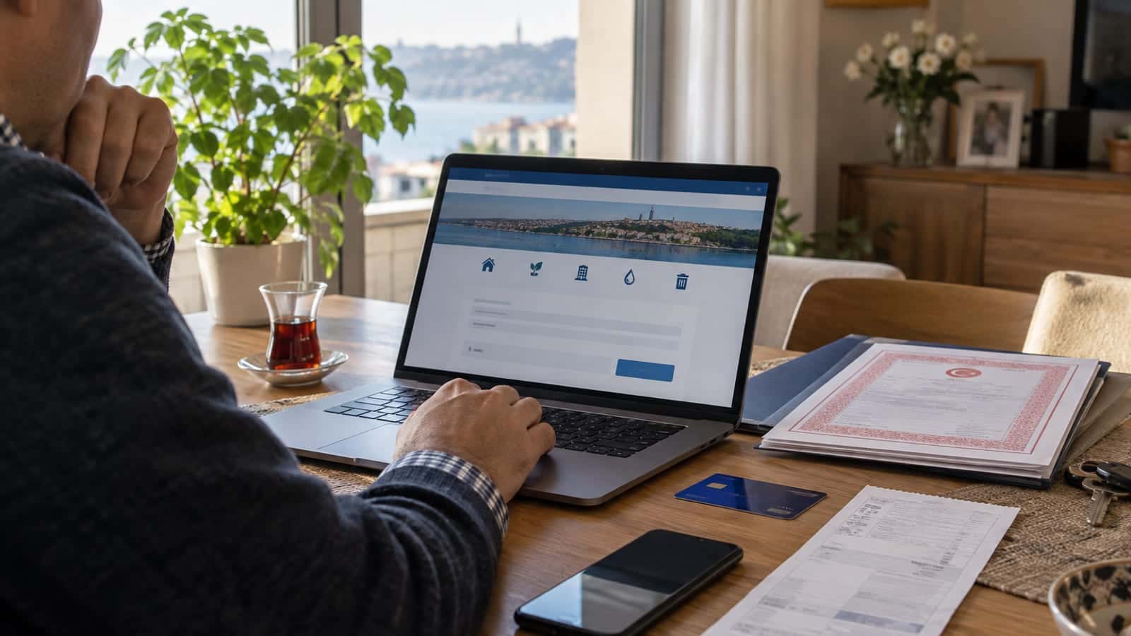 Masada dizüstü bilgisayar başında oturan kişi, yanında kredi kartı, vergi makbuzu ve tapu klasörüyle online ödeme yapıyor.