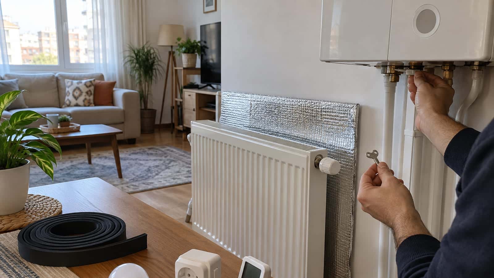 Salonda kombi panelini ayarlayan bir kişi; yanındaki masada conta rulosu, LED ampul, anahtarlı priz ve termometre duruyor.
