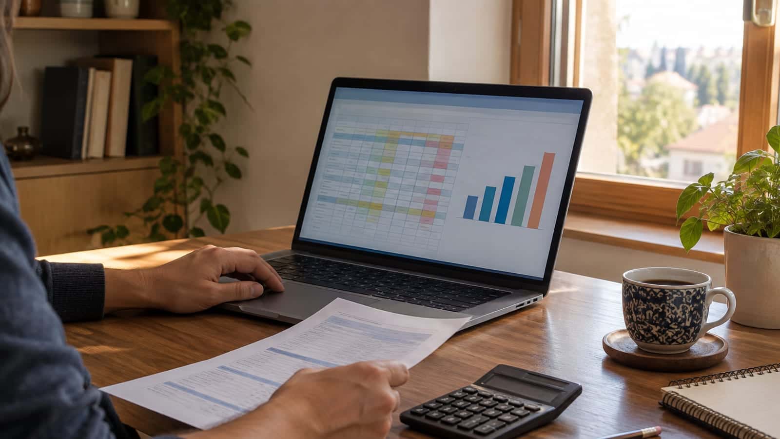Ev ofisinde açık dizüstü bilgisayarda renkli hücreli bütçe tablosu, yanında banka ekstresi, hesap makinesi ve kahve fincanı