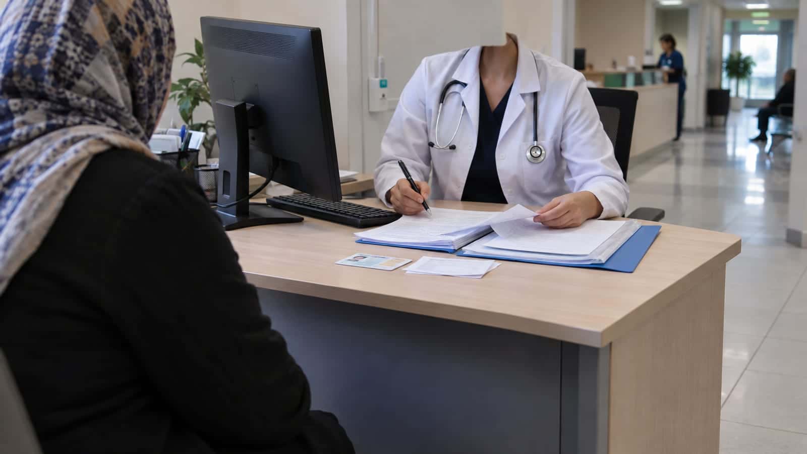 Hastane polikliniğinde doktorun ilaç raporu belgelerini incelemesi