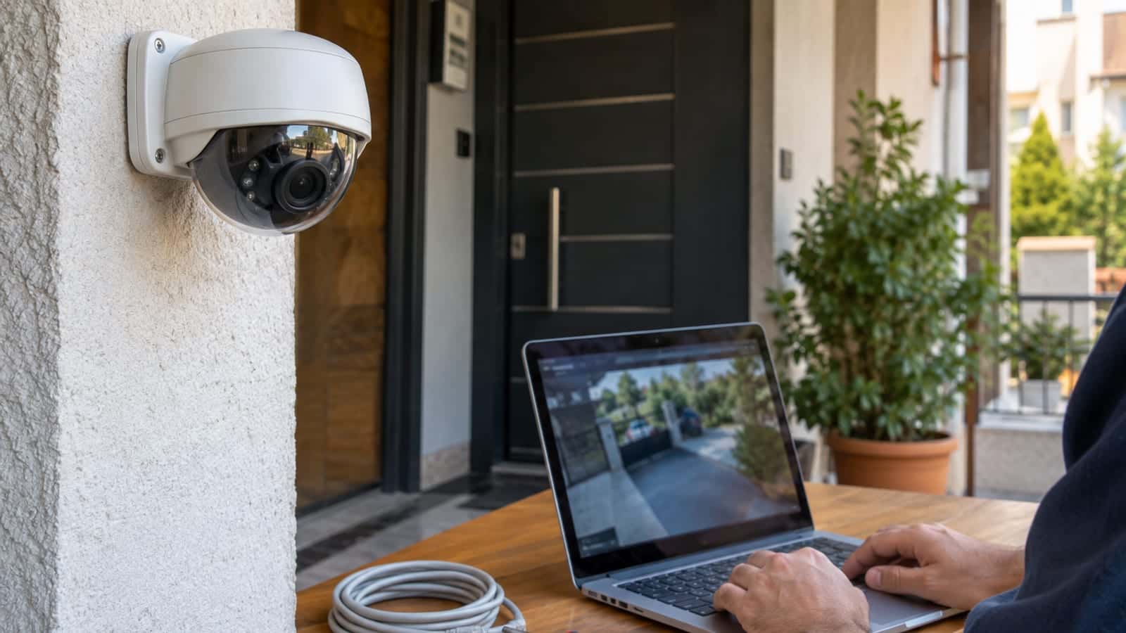 Duvara monte beyaz IP kamera ve altındaki masada açık dizüstü bilgisayar, Ethernet kablosu ile tornavida