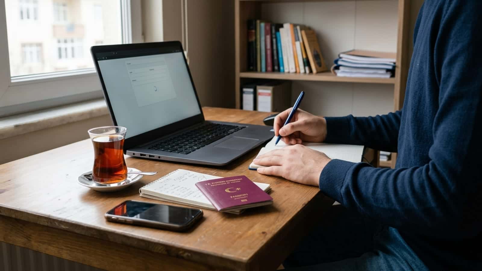 Genç bir kişi evde masada dizüstü bilgisayarla İŞKUR başvurusu yaparken, yanında kimlik kartı, telefon ve not defteri duruyor.