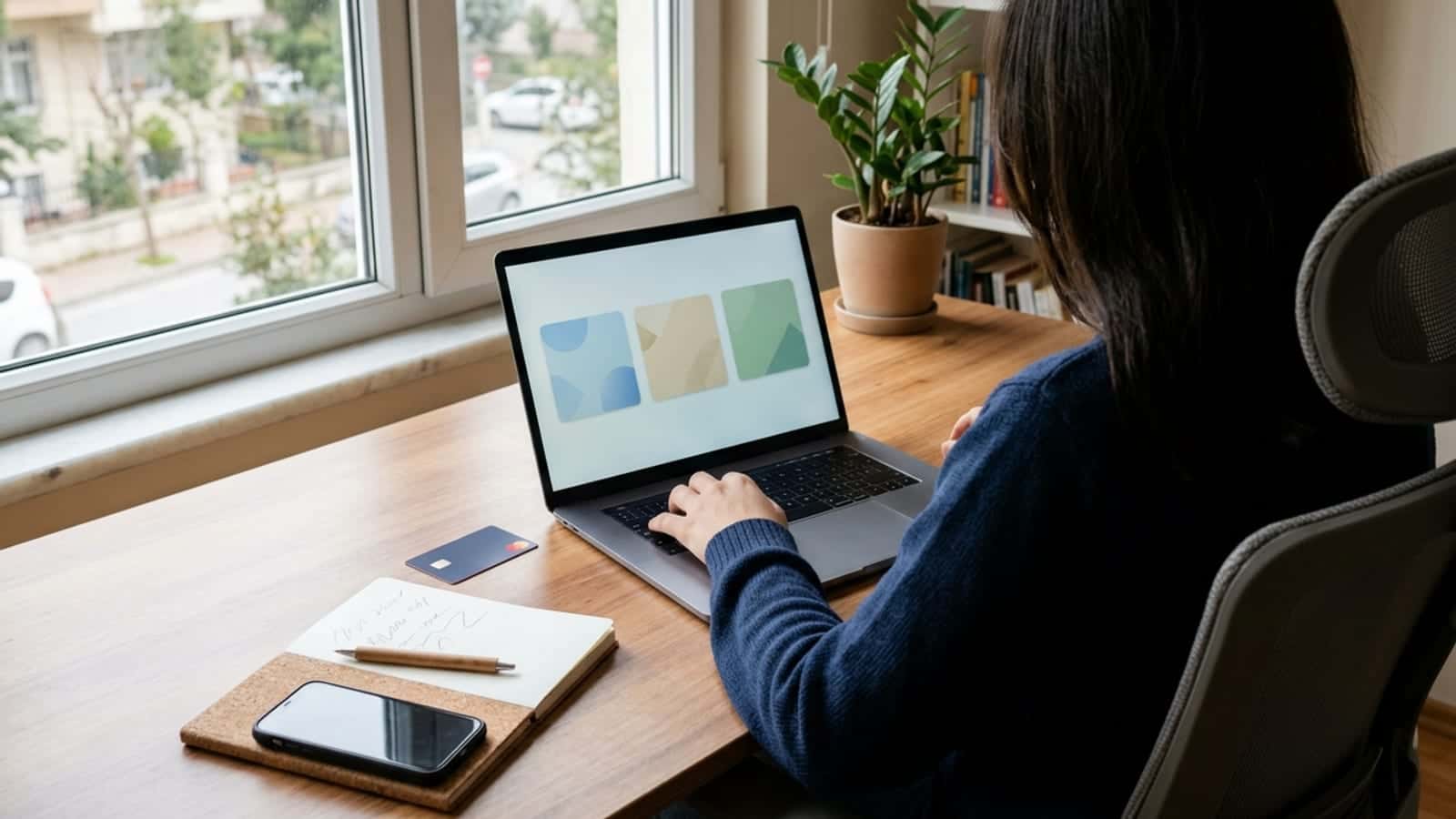 Bir kişi ev ofisinde bilgisayar ekranındaki soyut başvuru kartlarını inceliyor; masasında kimlik, defter ve telefon var.