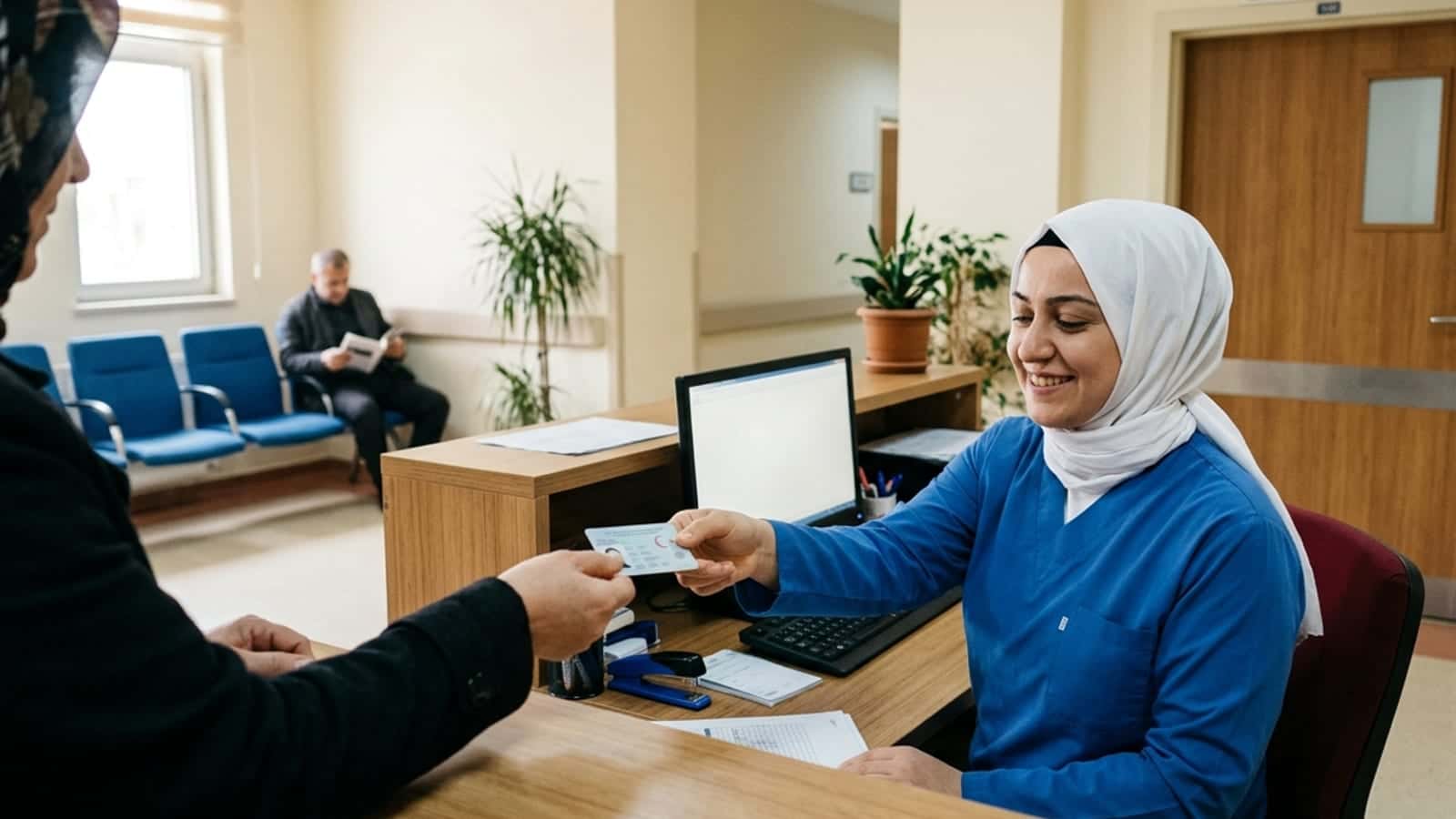 Danışmada kimlik gösteren kişi ve mamografi odasına yönlendiren sağlık çalışanı sahnesi.