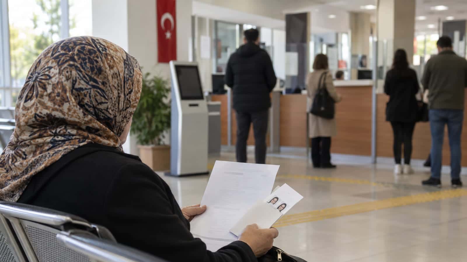 Nüfus müdürlüğü bekleme salonunda elinde başvuru belgesi ve fotoğraf zarfı tutan kadın, arkada gişeler ve bekleyen insanlar