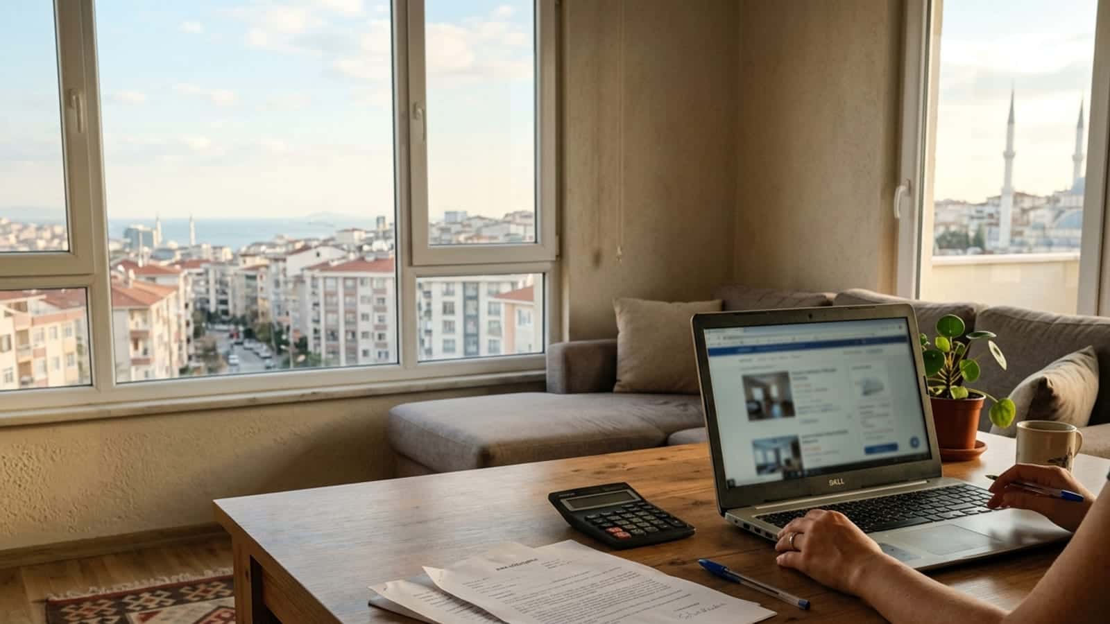 Masa üzerinde kira sözleşmesi kâğıtları, hesap makinesi, kalem ve açık dizüstü bilgisayar bulunan bir ev ortamı.