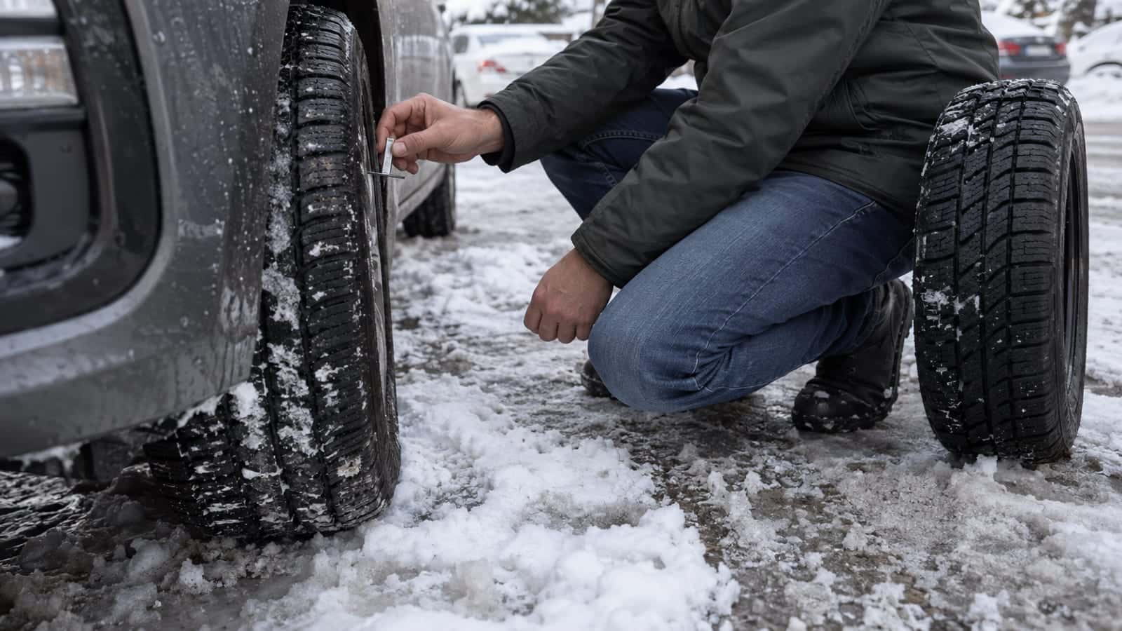 Karlı otoparkta çömelmiş bir sürücü, ölçüm çubuğunu araç lastiğinin diş kanalına dayayarak derinliği kontrol ediyor.