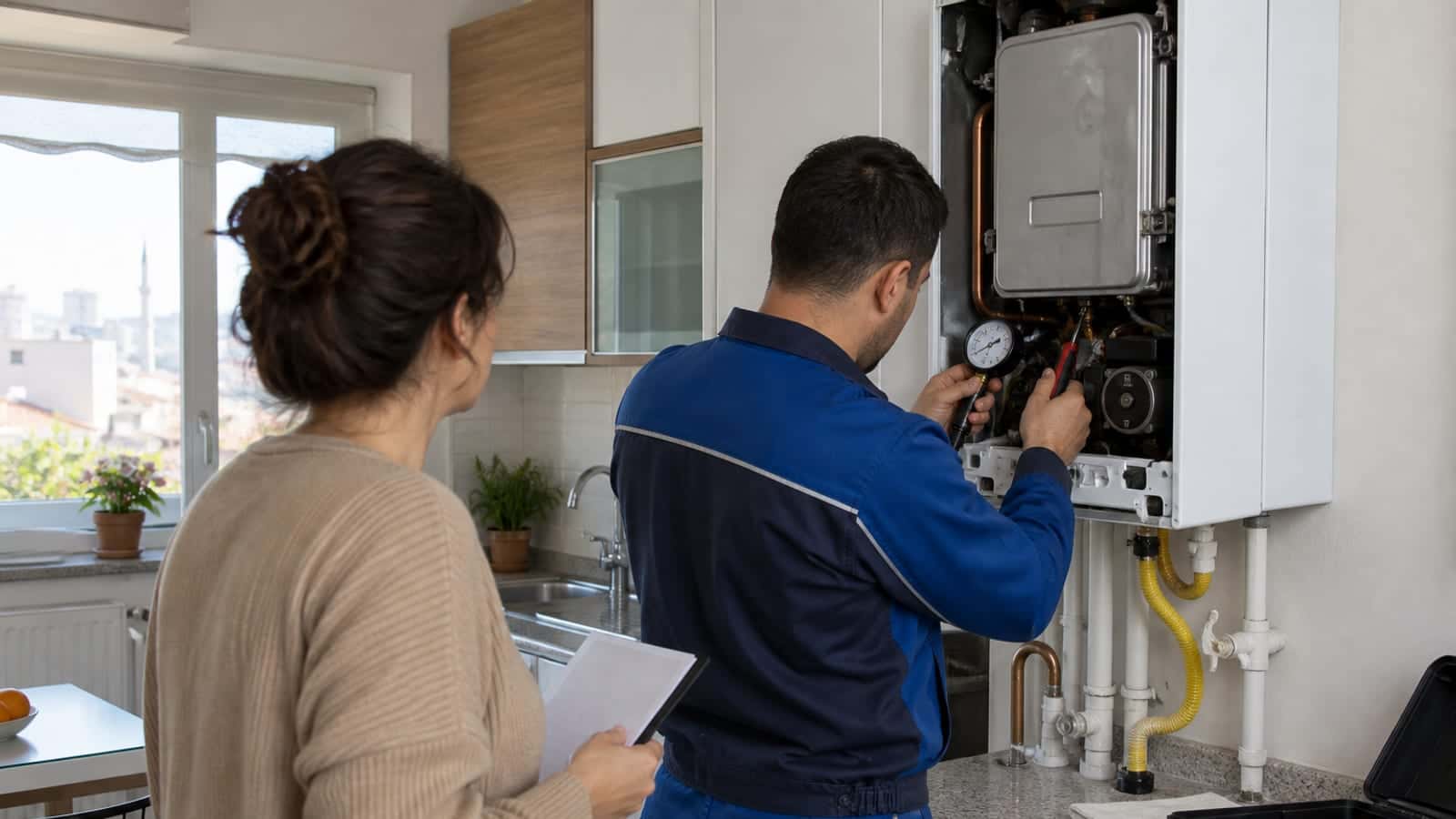 Mutfak duvarındaki açık kapaklı kombiyi kontrol eden tulumlu teknisyen ve yanında servis formu tutan ev sakini.