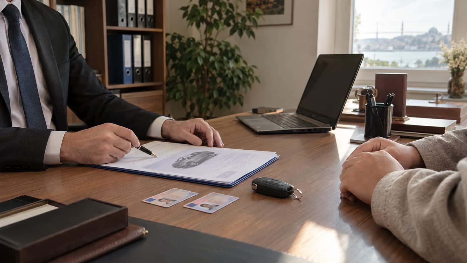 Noter masasında araç anahtarı, ruhsat ve kimlik kartları; iki kişi devir sözleşmesini imzalamak üzere karşılıklı oturuyor.