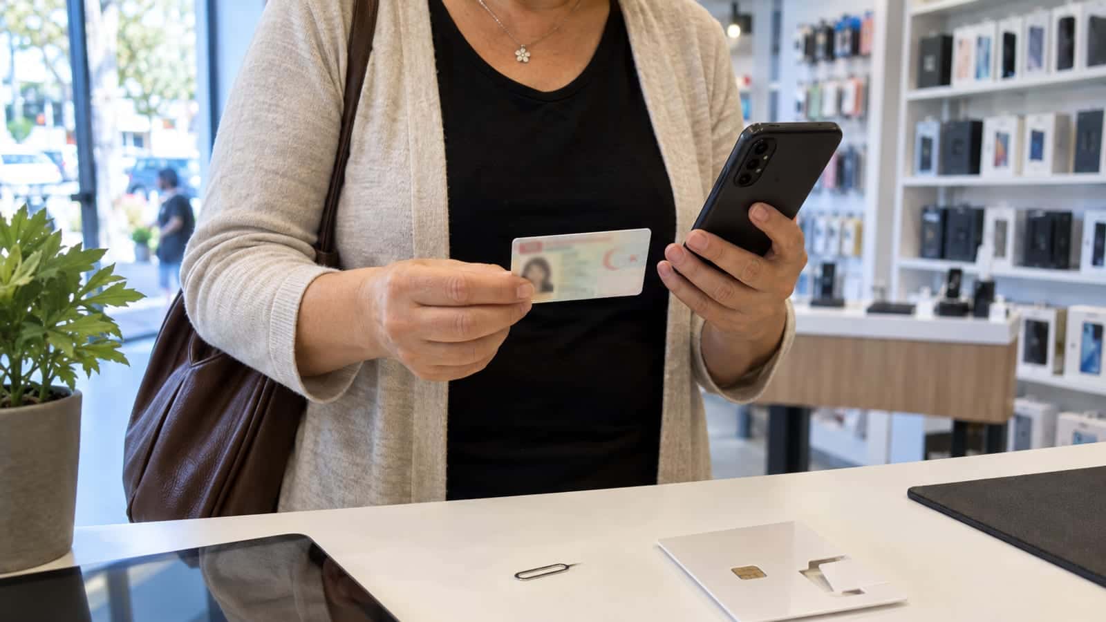 Telefon bayisinde tezgah başında kimliğini ve telefonunu tutan kadın; tezgahta yeni SIM kart paketi ve SIM iğnesi duruyor.