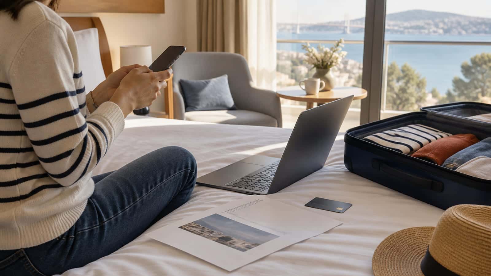 Otel odasında yatakta oturan kişi telefonundan rezervasyonuna bakıyor; yanında dizüstü bilgisayar, belge, kart ve valiz duruyor.