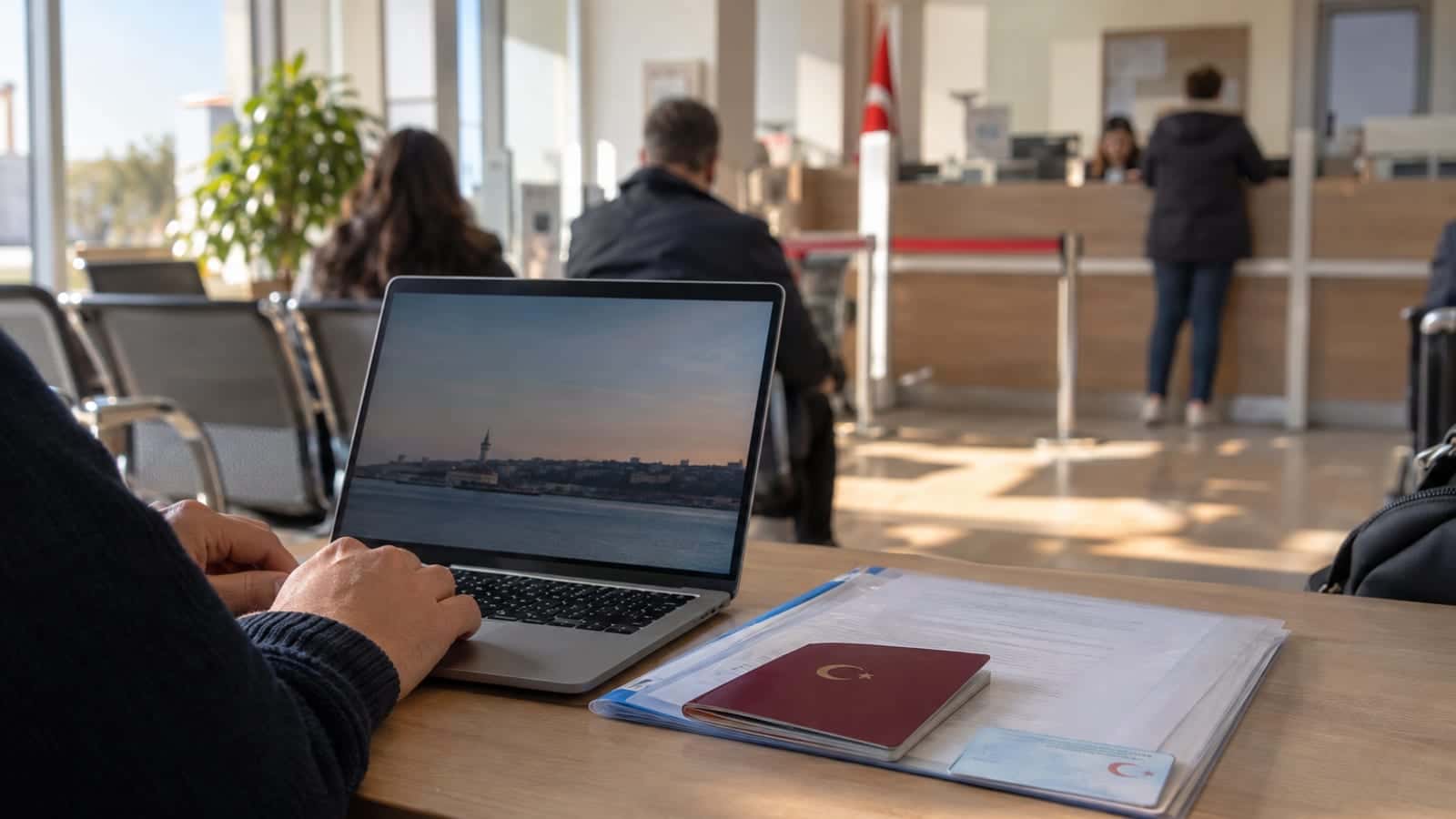 Masada duran bordo pasaport, kimlik kartı ve başvuru belgesi; arkada bulanık kurum bekleme salonu görünüyor.