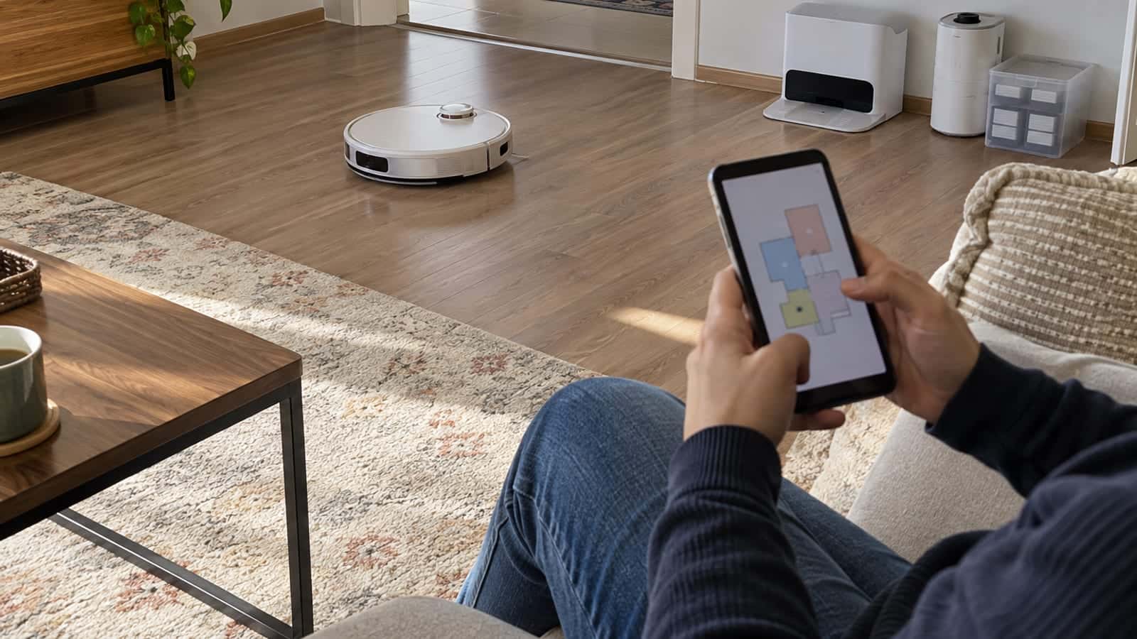 Laminat zeminde çalışan beyaz robot süpürge, duvardaki şarj istasyonu ve elinde telefonla uygulamayı kullanan kişi.