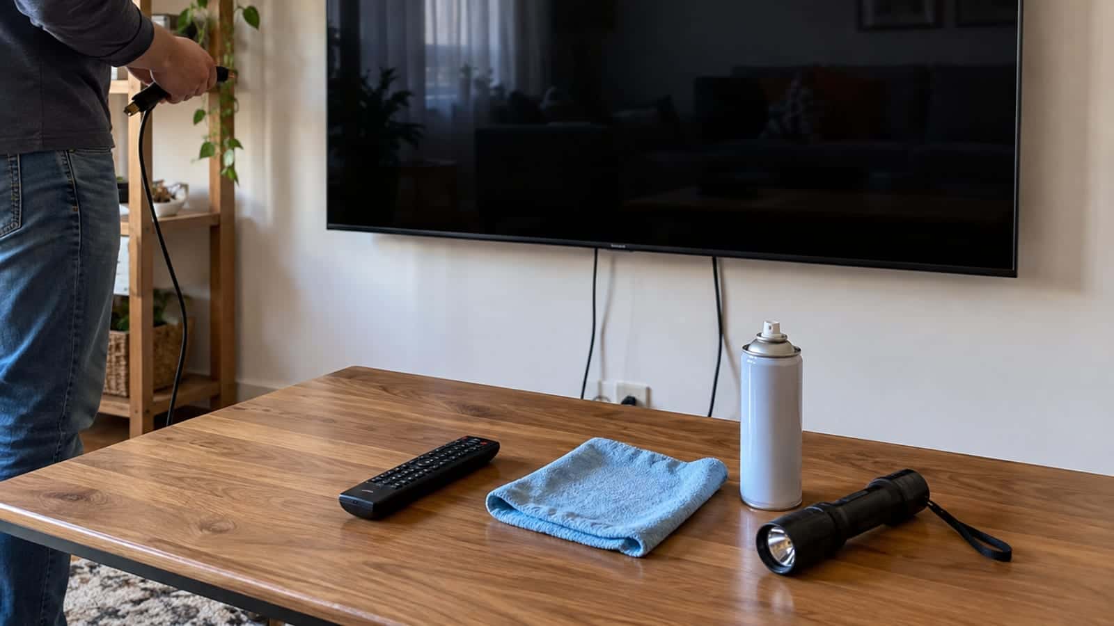 Siyah ekran gösteren duvara monte televizyon ve önündeki sehpada kumanda, mikrofiber bez, hava spreyi ve el feneri