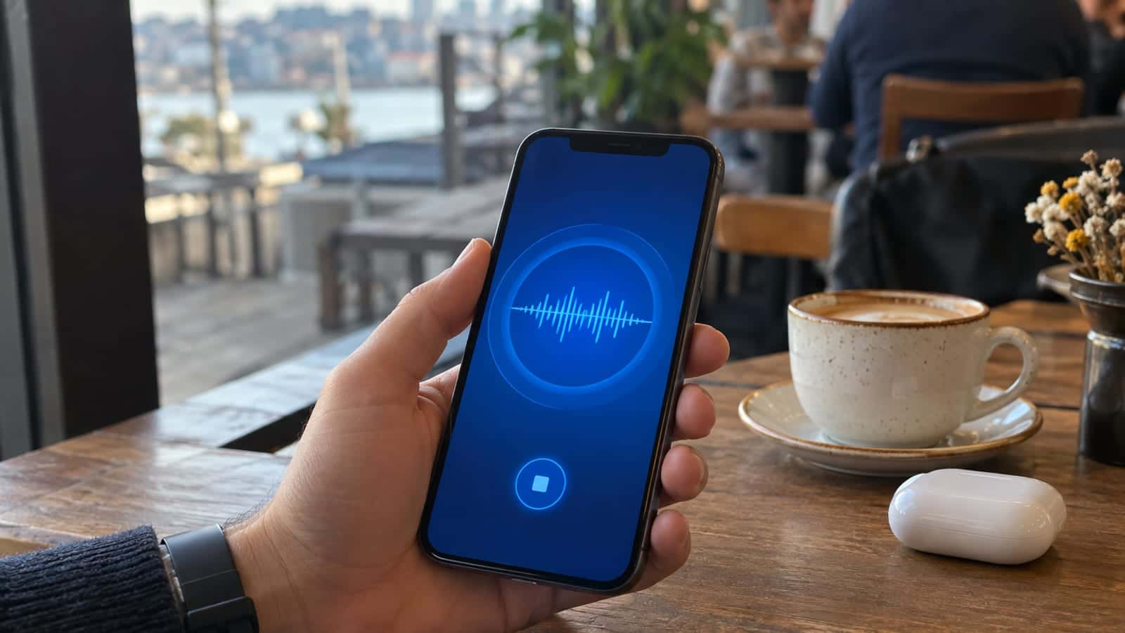 Kafede bir elde tutulan iPhone'un ekranında müzik tanıma uygulaması açık, masada kahve ve kulaklık duruyor.