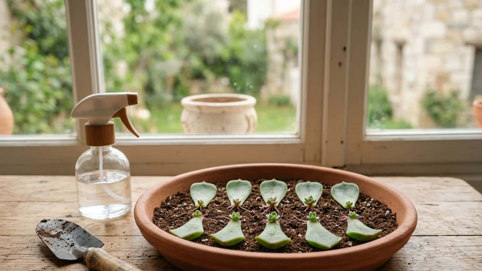 Toprak dolu tepsiye dizilmiş sukulent yaprakları; bazılarının ucunda minik kökler ve yeni filizler görülüyor.