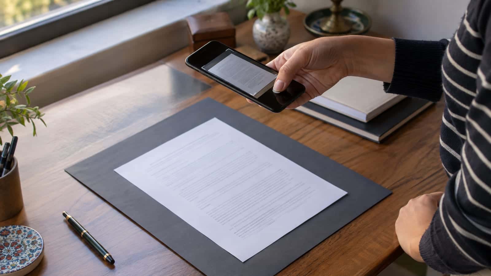 Koyu zemine serilmiş A4 belgeyi üstünden telefonla tarayan bir el, masada kalem ve kağıtlar, pencereden gelen gündüz ışığı