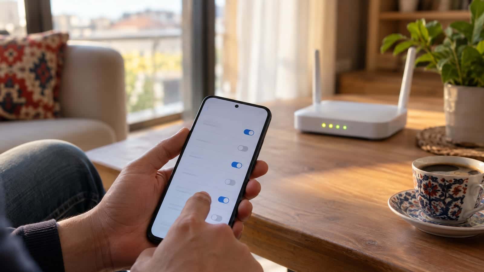 Bir elde tutulan akıllı telefonda sıralı ayar düğmeleri; arka planda bulanık bir Wi-Fi modemi ve masada kahve fincanı