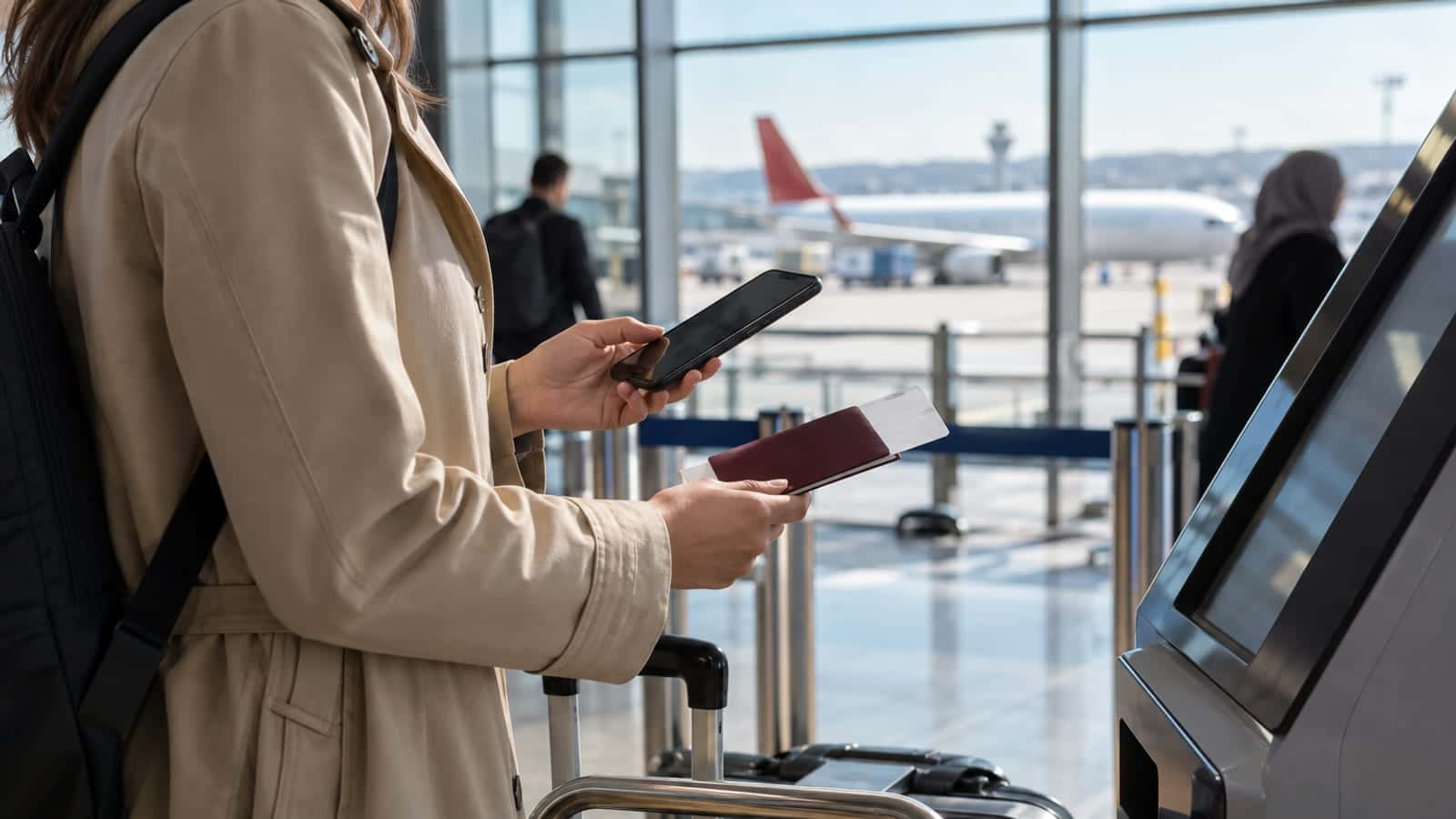 Havalimanı terminalinde elinde pasaport ve telefon tutan yolcu, arkada bagaj arabası ve camdan görünen uçak.