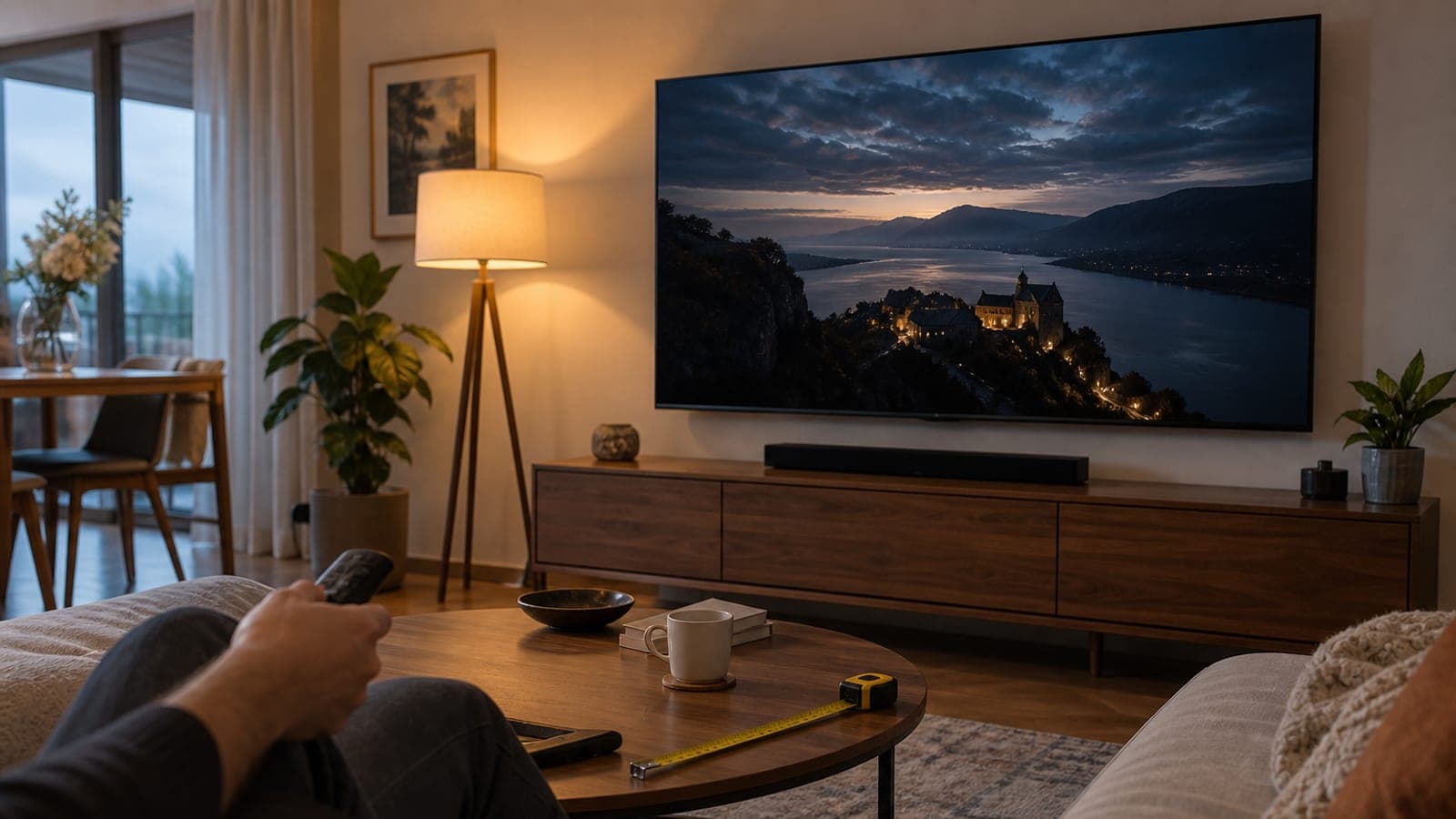 Salondaki duvara monte büyük OLED televizyon, altında ahşap ünite, kumanda ve şerit metre ile akşam aydınlatması