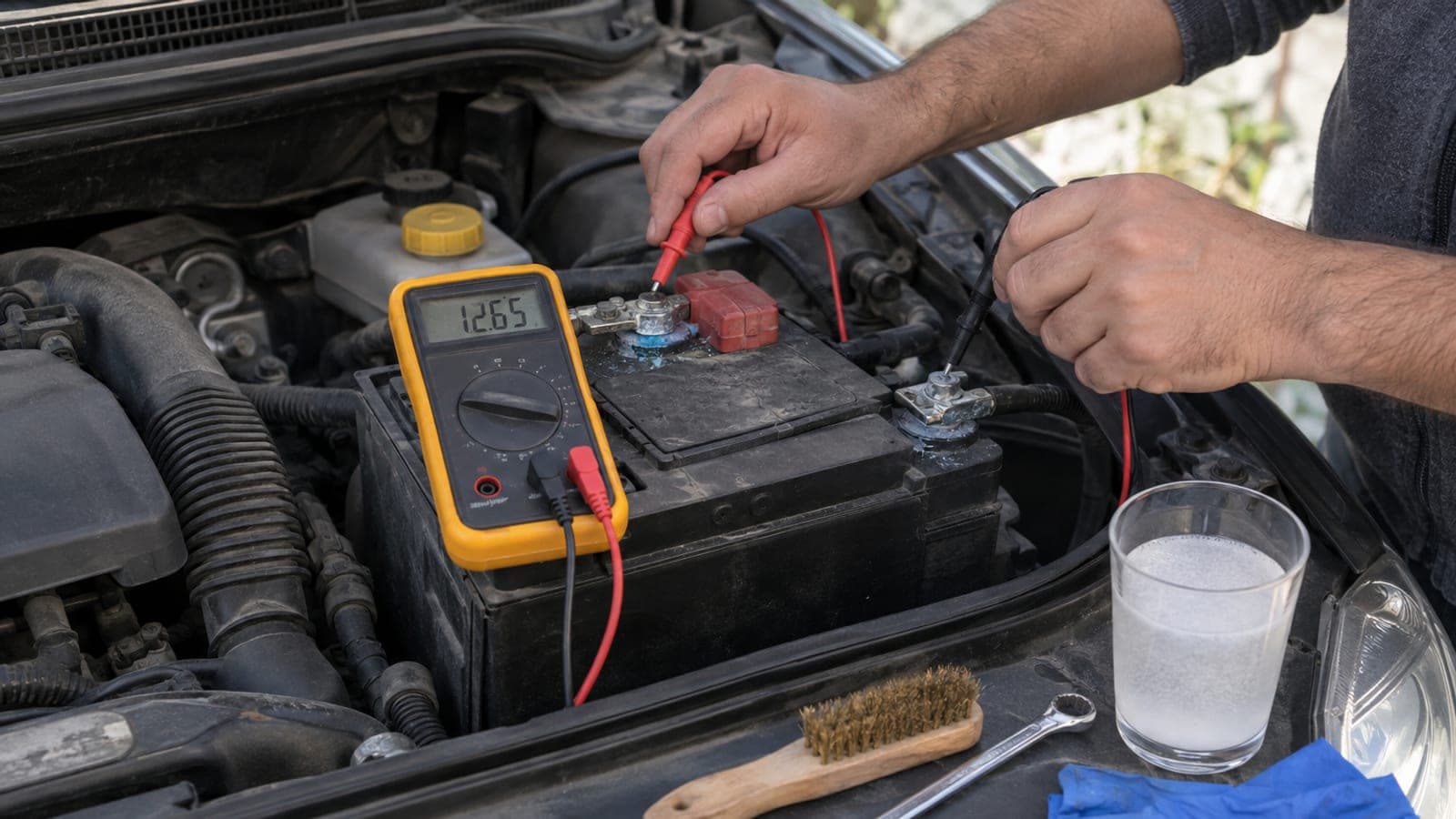 Motor kapağı açık bir otomobilde akünün artı kutbuna kırmızı, eksi kutbuna siyah prob değdirilmiş dijital multimetre 12,65 V gösteriyor.