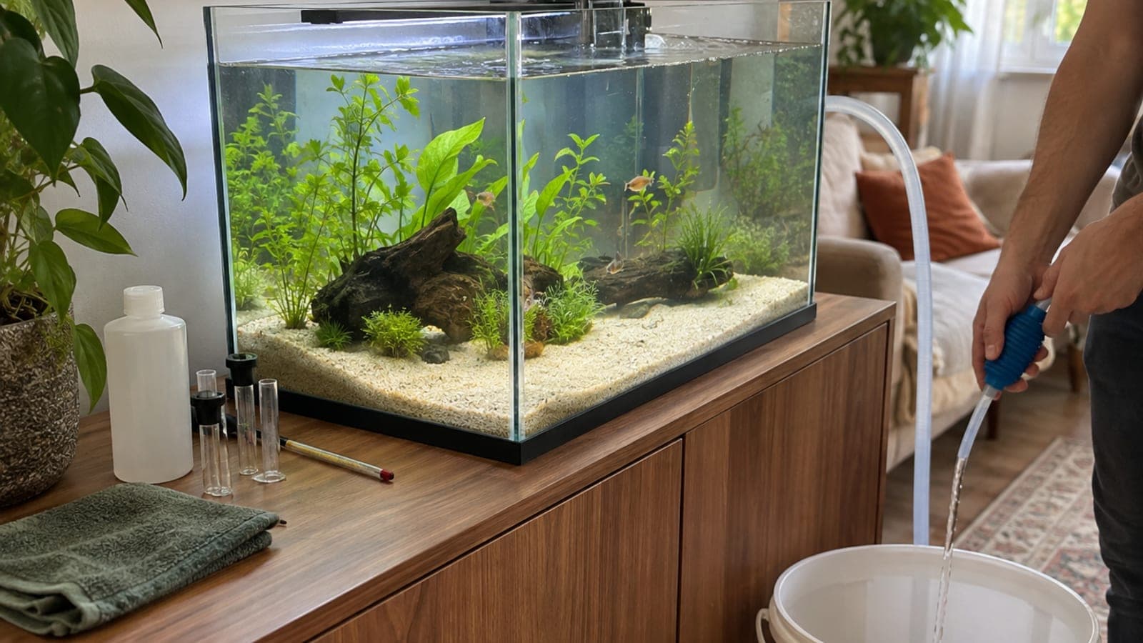 Oturma odasındaki ahşap dolap üzerinde kumlu ve bitkili cam akvaryum, yanında test tüpleri, sifon hortumu ve kova