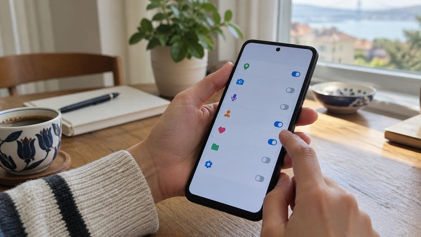 Masada tutulan bir Android telefonun ekranında gizlilik ayarları listesi ve açma kapama anahtarları görünüyor