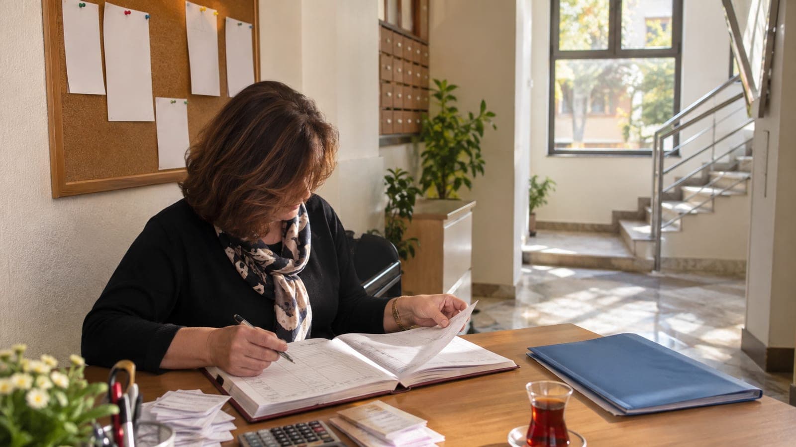 Apartman yönetim odasında masada açık karar defteri, dosya ve aidat makbuzlarını inceleyen bir kadın