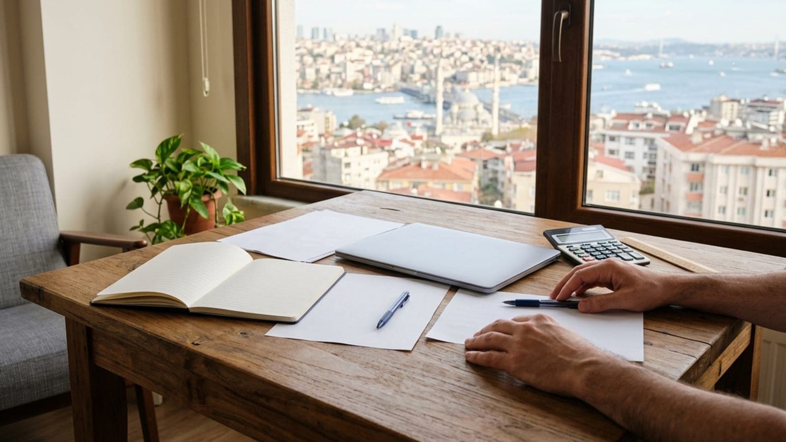 Bir çalışma masasında hesap makinesi, boş kağıtlar ve kalem; arka planda pencereden şehir silueti görünüyor.