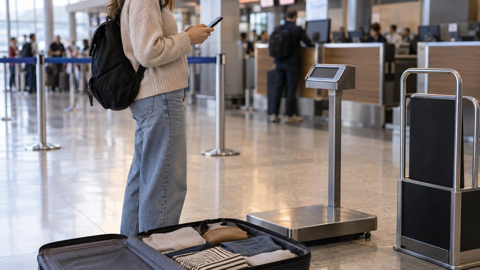 Havalimanı kontuarı önünde valizinin yanında telefonundan uçuş bilgilerini kontrol eden yolcu; yanda bagaj tartısı ve ölçü aparatı