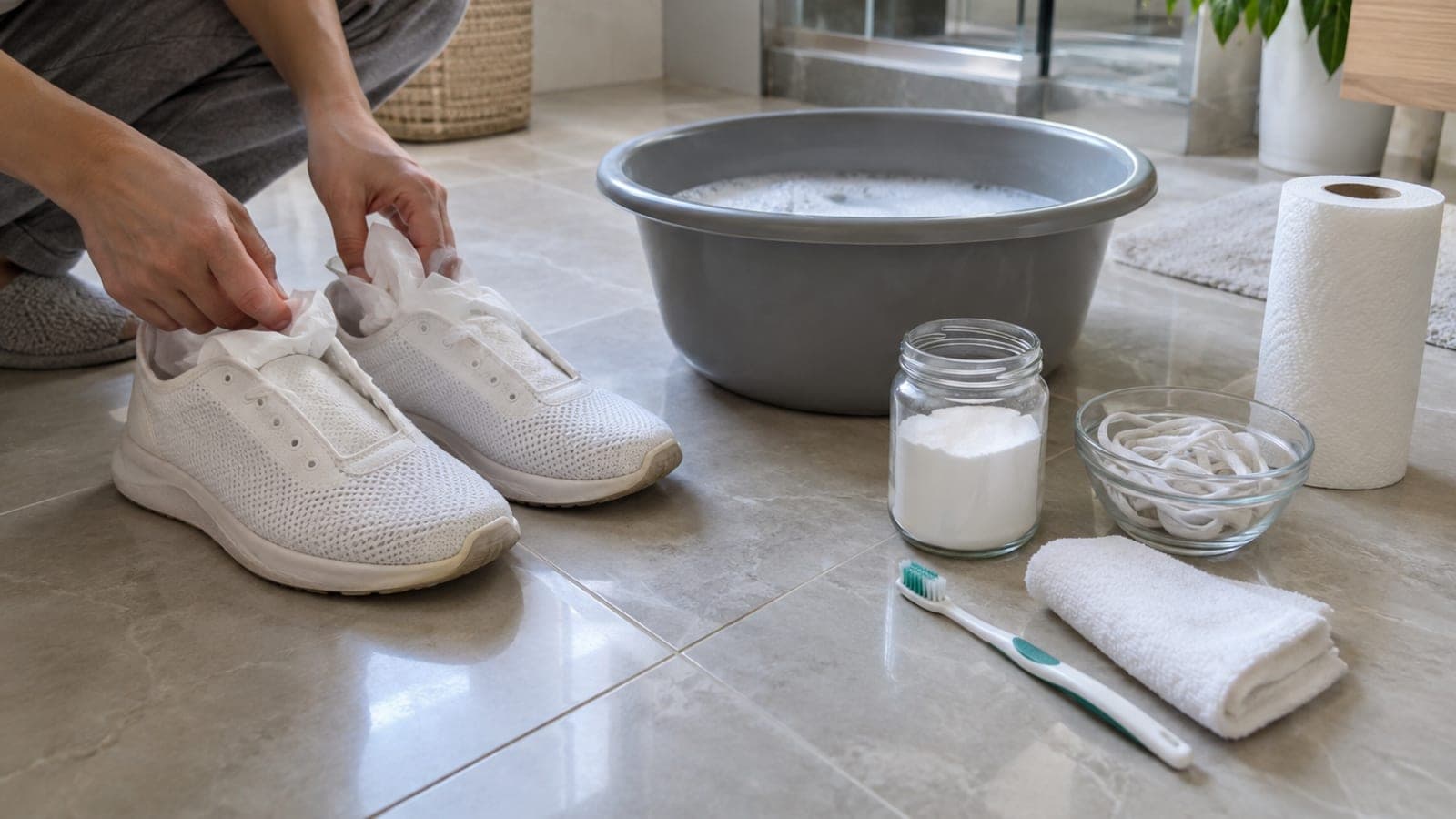 Banyo zemininde temizlik için hazırlanmış beyaz spor ayakkabılar, köpüklü leğen, karbonat, diş fırçası ve kağıt havlu