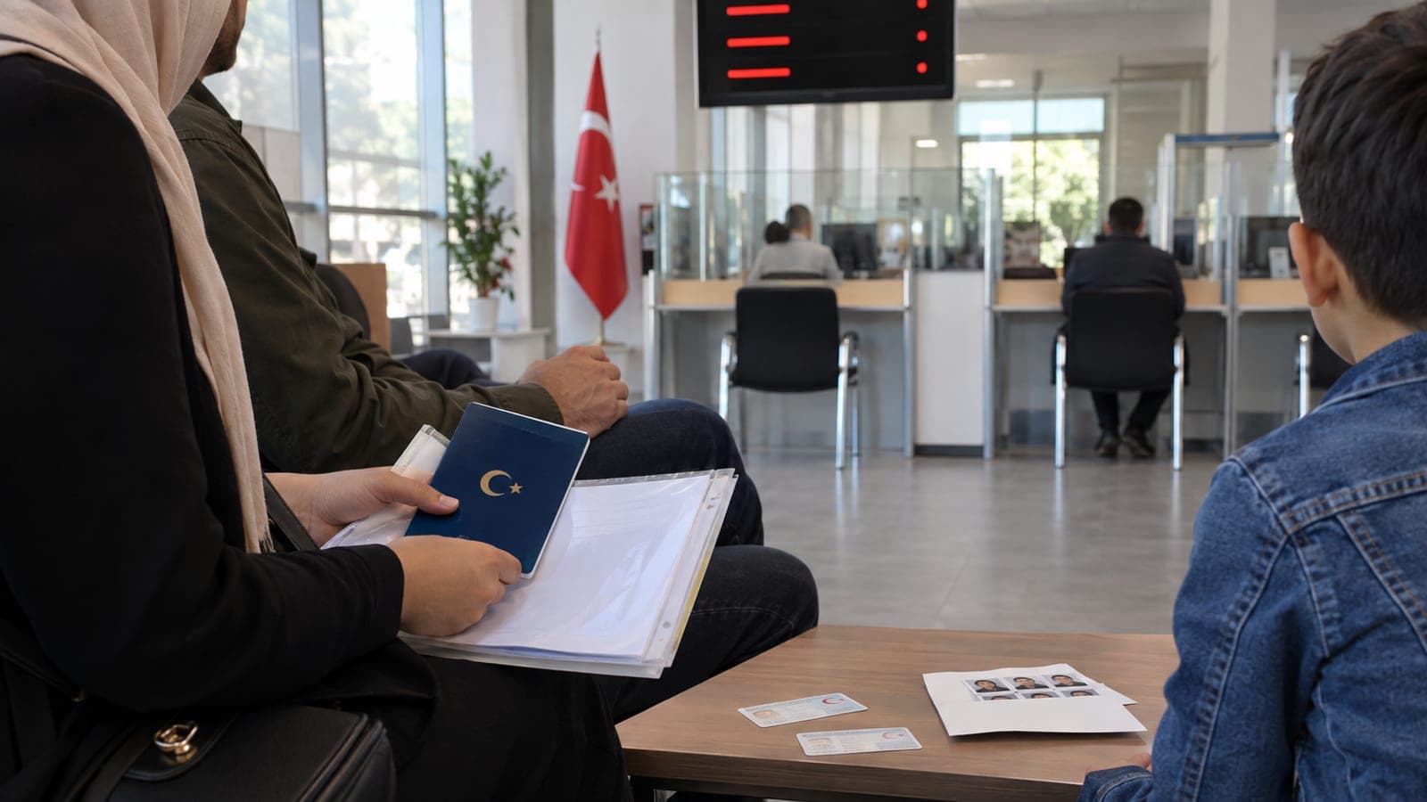 Nüfus müdürlüğü bekleme salonunda anne, baba ve çocuk; masada pasaport, dosya ve kimlik kartları duruyor.