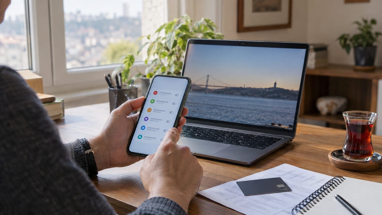 Masada oturan bir kişi telefonundaki abonelik listesine bakıyor; yanında dizüstü bilgisayar, kredi kartı ve banka ekstresi duruyor.