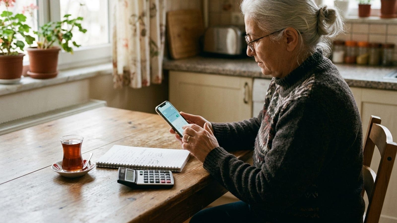 Emekli bir kişi mutfak masasında telefonundan maaş bankası değişikliği yapıyor, yanında çay bardağı ve not defteri duruyor.