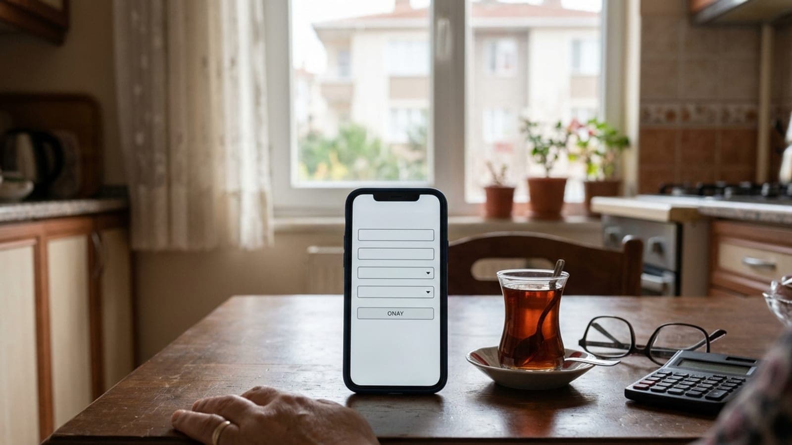 Telefon ekranında boş bir kamu hizmeti tablosu, yanında gözlük, çay bardağı ve hesap makinesi olan masa sahnesi.