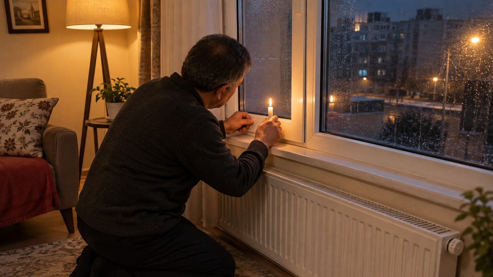Bir kişi PVC pencere kenarında yanan mumla hava kaçağı arıyor, yerde conta bandı, metre ve termometre var.