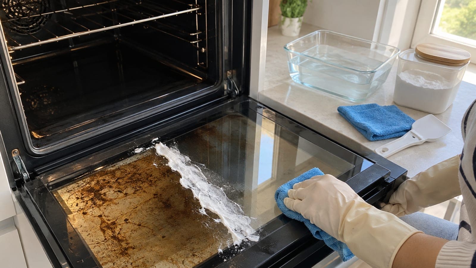 Açık fırın kapağının iç camı; bir yarısı yanmış yağ tabakasıyla kirli, diğer yarısı temiz, yanında karbonat macunu ve plastik kazıyıcı.