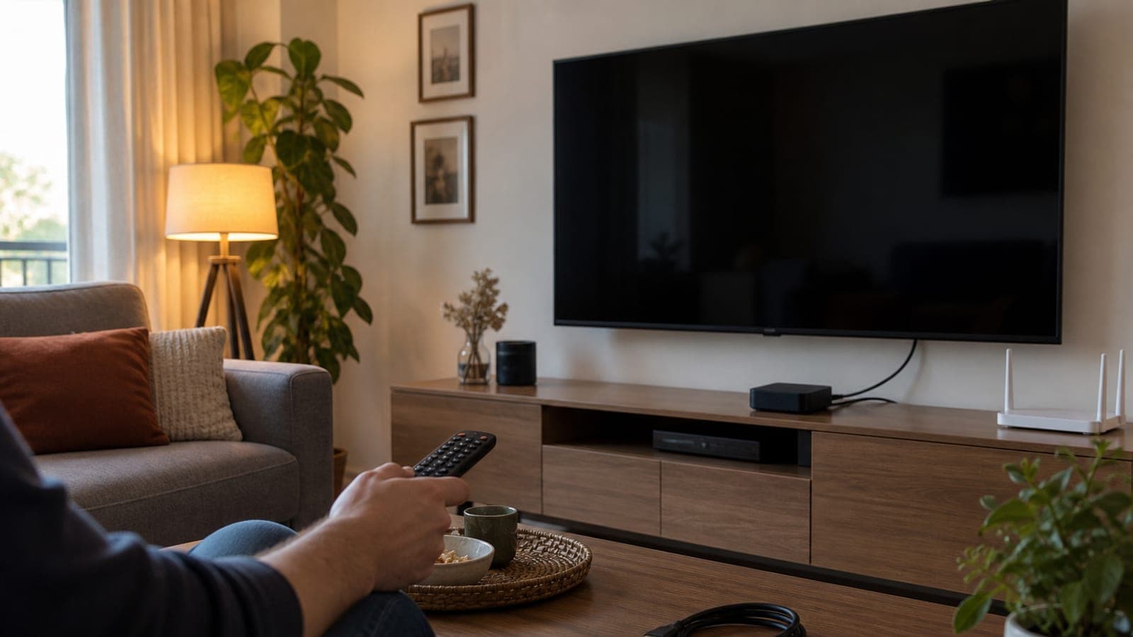 Kapalı ekranlı duvara monte televizyon, altındaki sehpada HDMI ile bağlı küçük yayın kutusu, modem ve kumanda