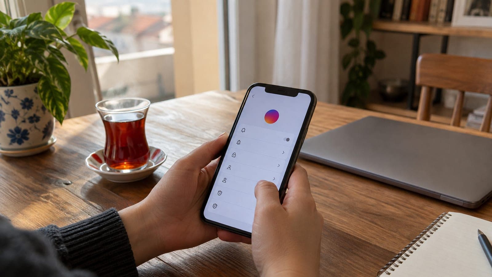 Ev masasında elde tutulan telefonun ekranında uygulama ayarlar menüsü açık; yanında çay bardağı, not defteri ve kapalı dizüstü bilgisayar.